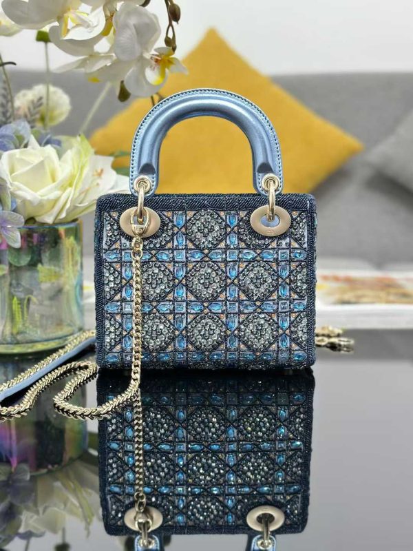 Lady Dior M0505 Three Grid Embroidered Water Diamond Blue Mini Style Handbag Crossbody Bag