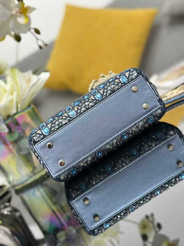 Lady Dior M0505 Three Grid Embroidered Water Diamond Blue Mini Style Handbag Crossbody Bag