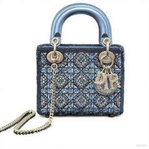 Lady Dior M0505 Three Grid Embroidered Water Diamond Blue Mini Style Handbag Crossbody Bag
