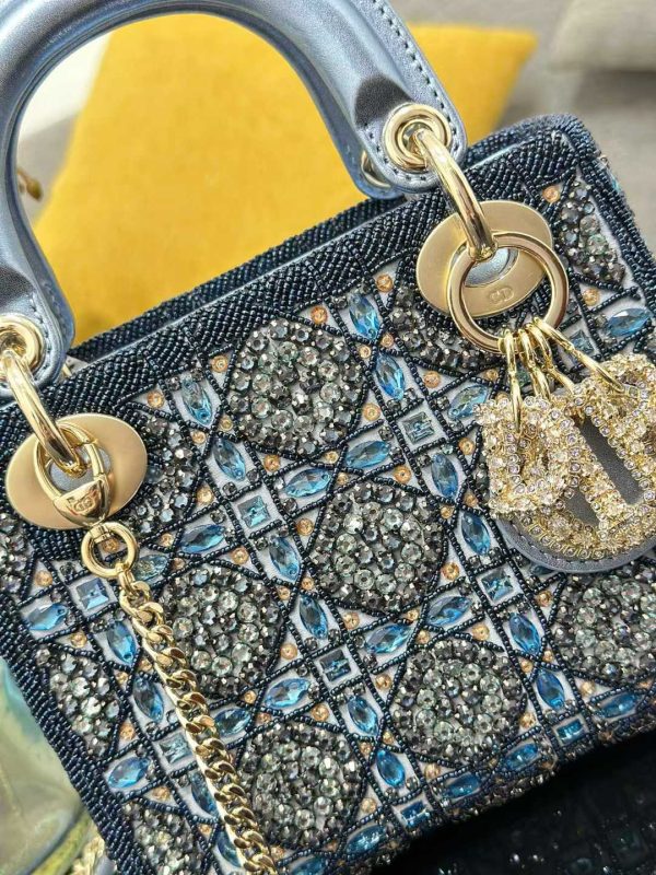 Lady Dior M0505 Three Grid Embroidered Water Diamond Blue Mini Style Handbag Crossbody Bag