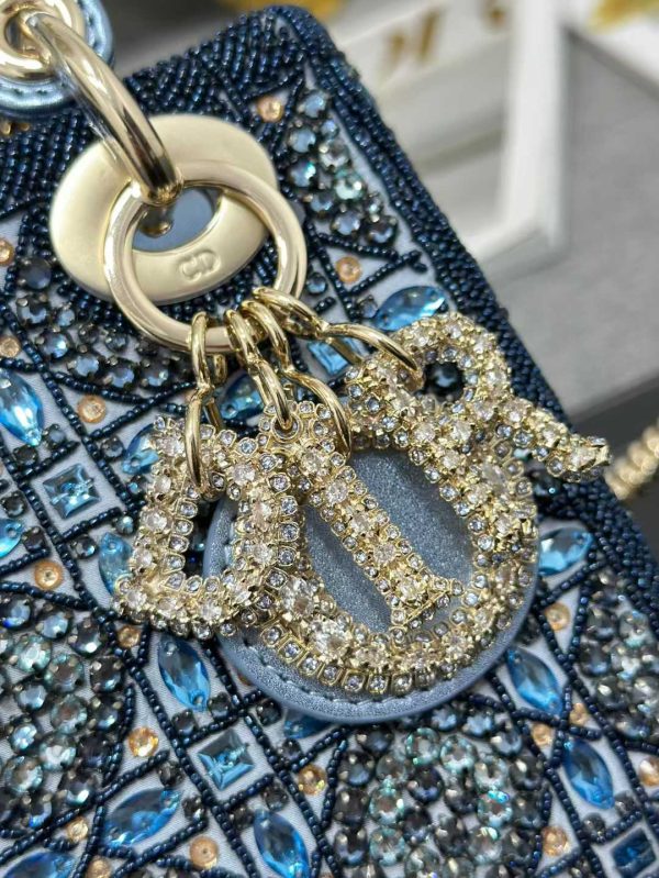 Lady Dior M0505 Three Grid Embroidered Water Diamond Blue Mini Style Handbag Crossbody Bag