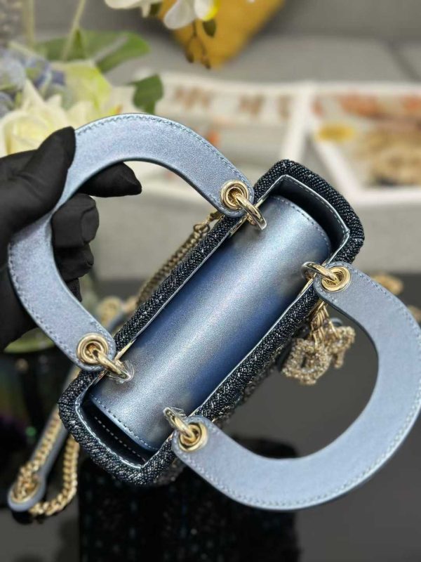 Lady Dior M0505 Three Grid Embroidered Water Diamond Blue Mini Style Handbag Crossbody Bag