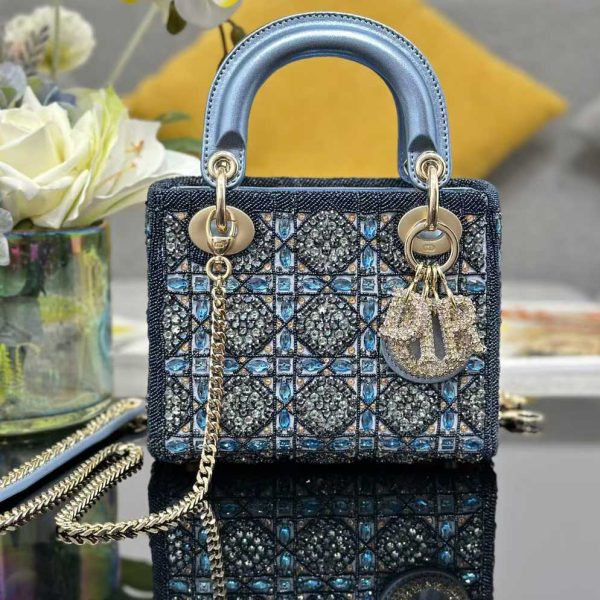 Lady Dior M0505 Three Grid Embroidered Water Diamond Blue Mini Style Handbag Crossbody Bag