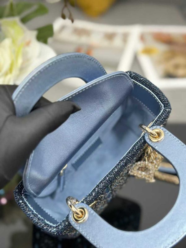 Lady Dior M0505 Three Grid Embroidered Water Diamond Blue Mini Style Handbag Crossbody Bag