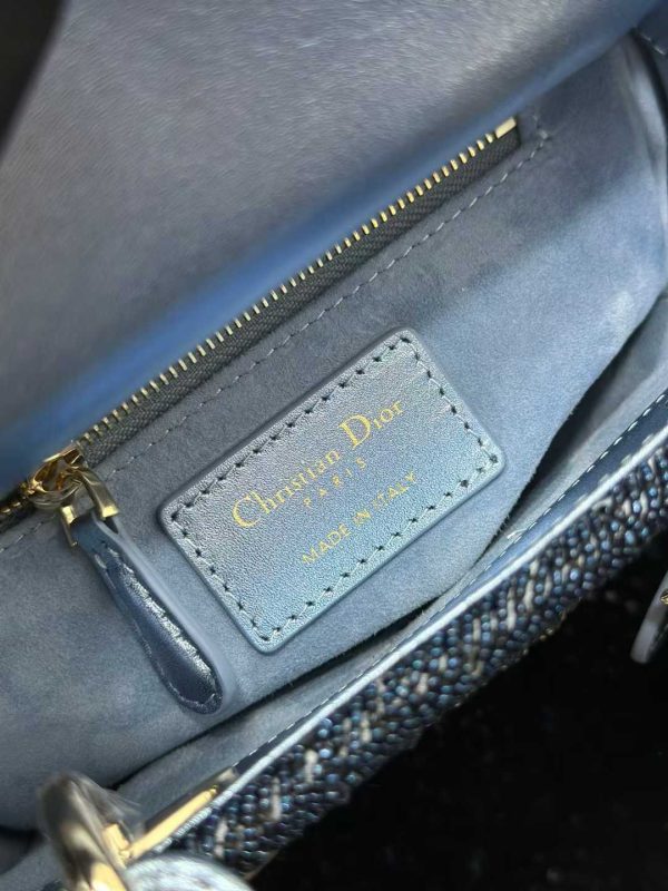 Lady Dior M0505 Three Grid Embroidered Water Diamond Blue Mini Style Handbag Crossbody Bag